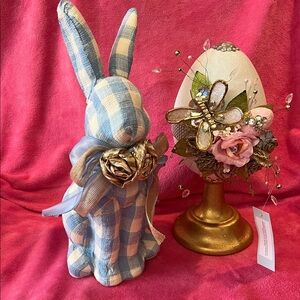Mackenzie Childs inspired - Blue Check Easter Bunny with Gold Accents
